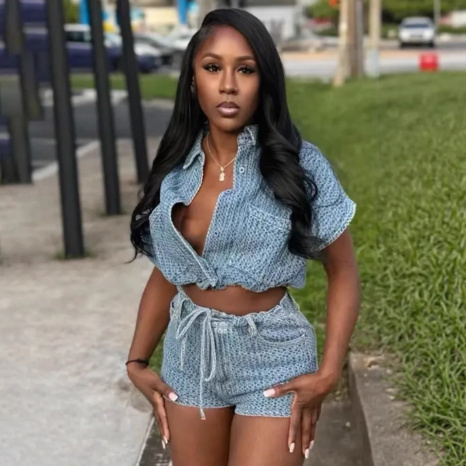 Women Casual Denim Lapel Short-Sleeve Crop Top Slim Fit Shorts Two-Piece Set