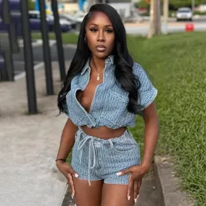 Women Casual Denim Lapel Short-Sleeve Crop Top Slim Fit Shorts Two-Piece Set