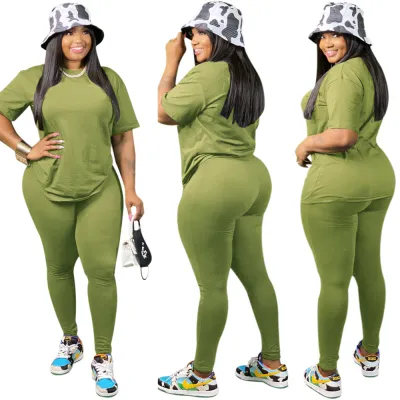 Women Casual Solid Color Round Neck Short Sleeve Pullover Top And Pants Two-Piece Set