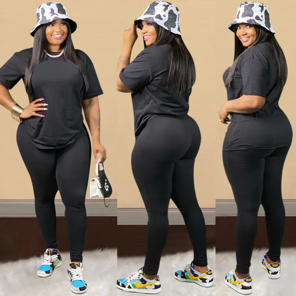 Women Casual Solid Color Round Neck Short Sleeve Pullover Top And Pants Two-Piece Set