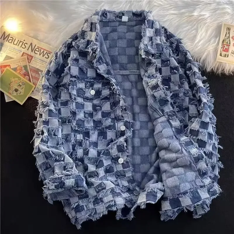 Casual Chessboard Plaid Lapel Long-Sleeve Loose Denim Jacket for Women