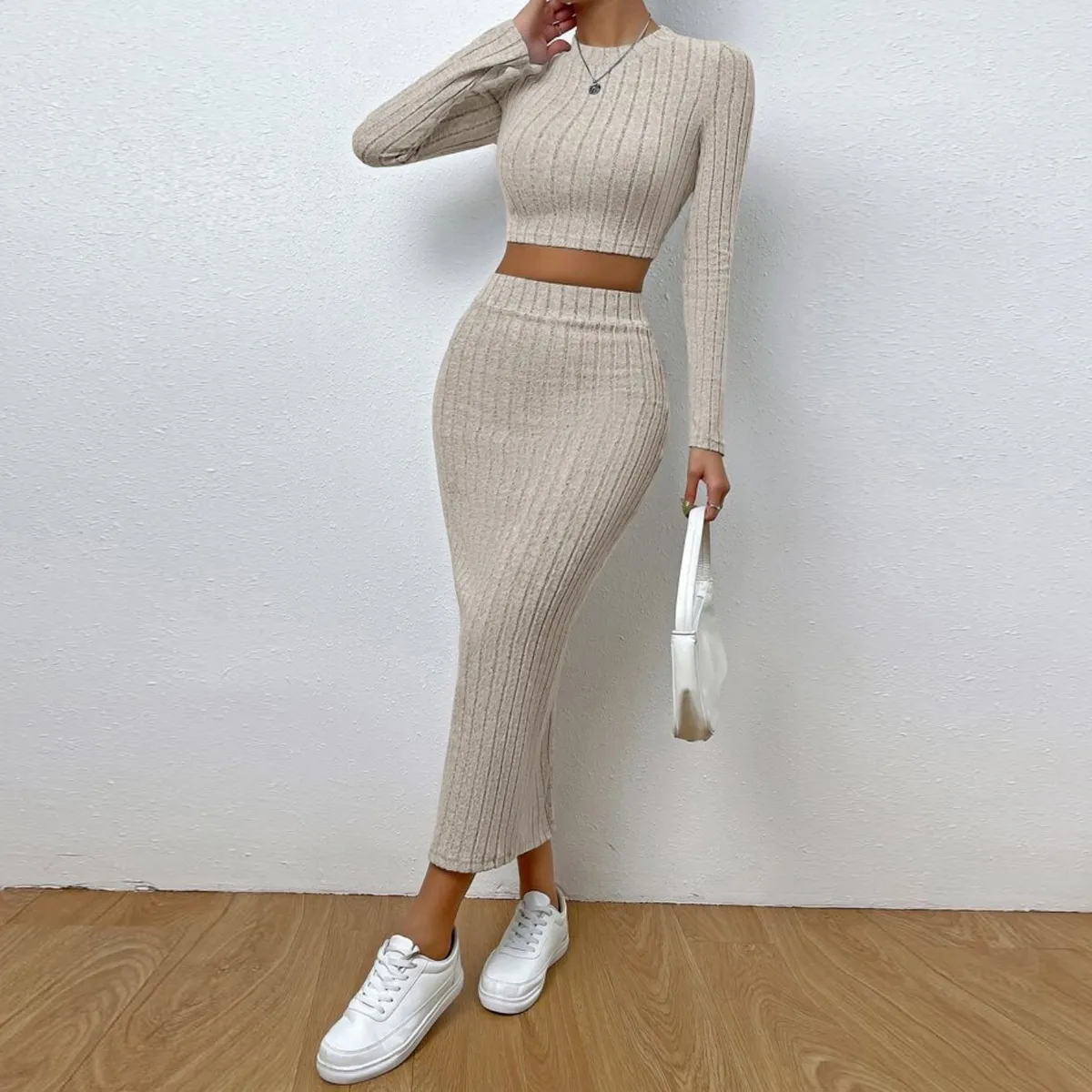 Women Casual Street Hipster Long Sleeve Cropped Top And Midi Skirt Two-Piece Set