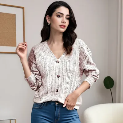 Women Autumn And Winter Knitted Button Casual Long-Sleeved Loose Top