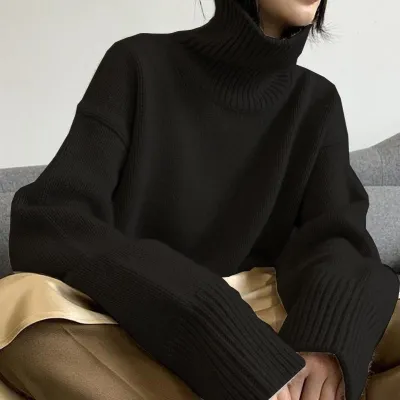 Women Cozy Autumn Winter Fashion Solid Color Turtleneck Pullover Sweater