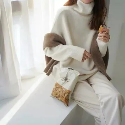 Women Cozy Autumn Winter Fashion Solid Color Turtleneck Pullover Sweater