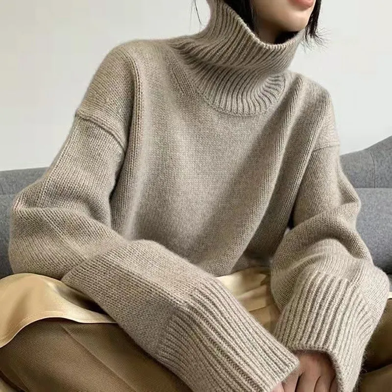 Women Cozy Autumn Winter Fashion Solid Color Turtleneck Pullover Sweater