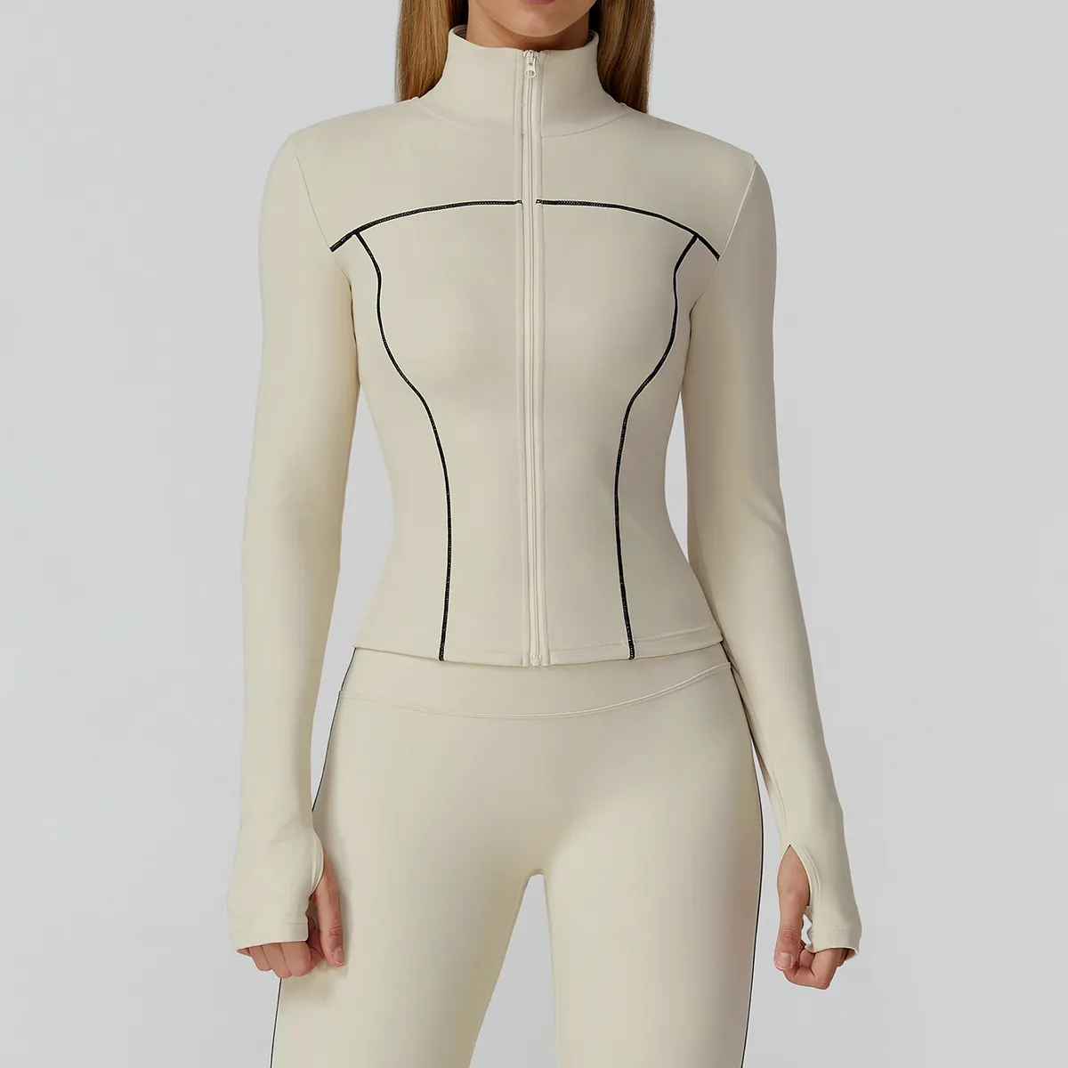 Women's Contrast Color Zipper Long-Sleeve Slim-Fit Yoga Sports Jacket