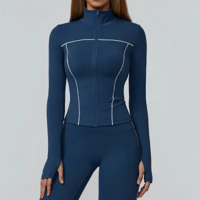 Women's Contrast Color Zipper Long-Sleeve Slim-Fit Yoga Sports Jacket