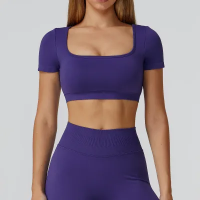 Women's Seamless Backless Yoga T-Shirt - Slim-Fit Solid Color Short-Sleeve Sportswear Top