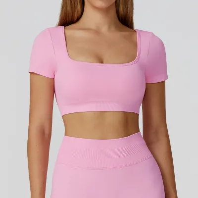 Women's Seamless Backless Yoga T-Shirt - Slim-Fit Solid Color Short-Sleeve Sportswear Top