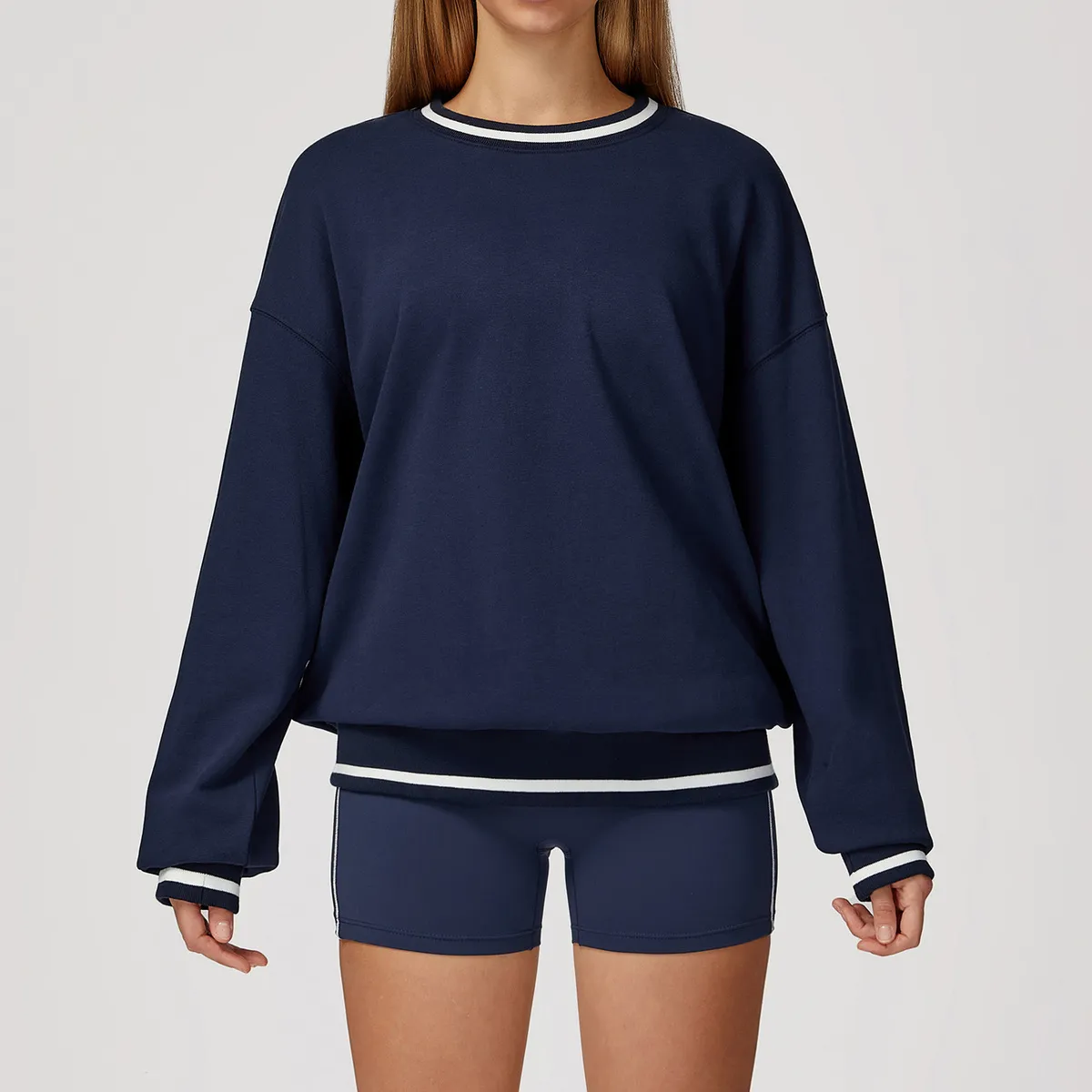 Women Autumn Contrast Color Round Neck Long Sleeve Windproof Sports Sweatshirt