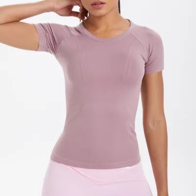 Women's Seamless Breathable Yoga T-Shirt - Solid Color Short-Sleeve Sportswear Top