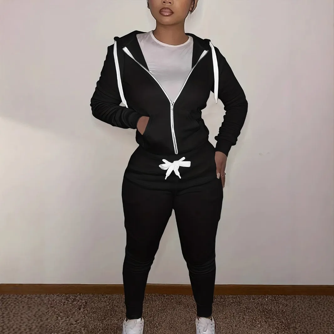 Women Athleisure Zip Hoodie And Pants Two-Piece Set
