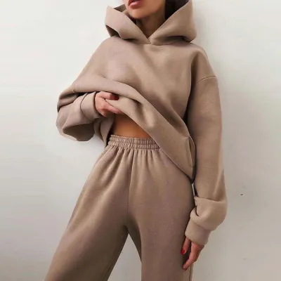 Autumn And Winter Women's Athleisure Solid Color Hoodie And Sweatpants Two-Piece Set