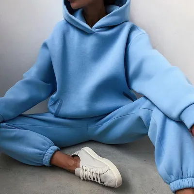 Autumn And Winter Women's Athleisure Solid Color Hoodie And Sweatpants Two-Piece Set