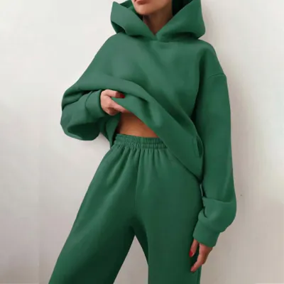Autumn And Winter Women's Athleisure Solid Color Hoodie And Sweatpants Two-Piece Set