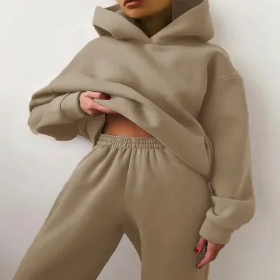 Autumn And Winter Women's Athleisure Solid Color Hoodie And Sweatpants Two-Piece Set