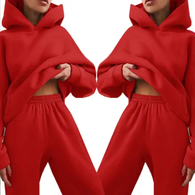 Autumn And Winter Women's Athleisure Solid Color Hoodie And Sweatpants Two-Piece Set