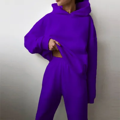 Autumn And Winter Women's Athleisure Solid Color Hoodie And Sweatpants Two-Piece Set