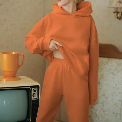 Autumn And Winter Women's Athleisure Solid Color Hoodie And Sweatpants Two-Piece Set