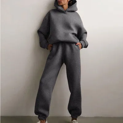 Autumn And Winter Women's Athleisure Solid Color Hoodie And Sweatpants Two-Piece Set