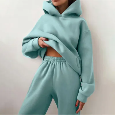 Autumn And Winter Women's Athleisure Solid Color Hoodie And Sweatpants Two-Piece Set