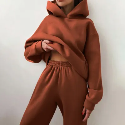 Autumn And Winter Women's Athleisure Solid Color Hoodie And Sweatpants Two-Piece Set