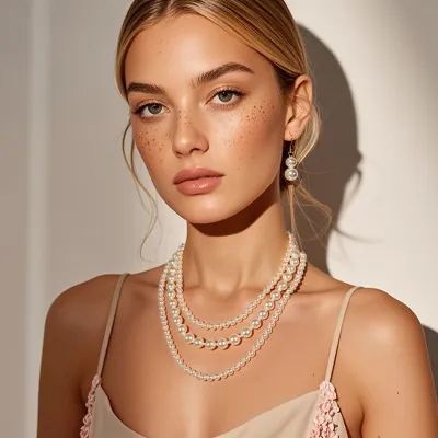 Women Fashion Multi-Layer Imitation Pearl Short Necklace Earrings Set