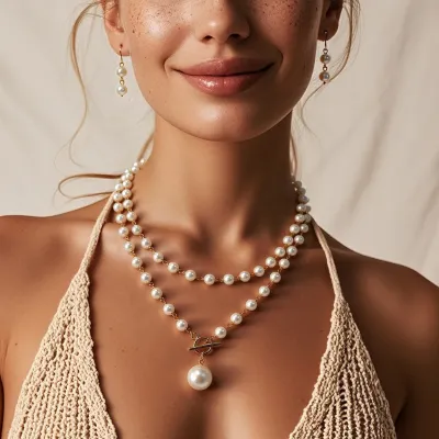 Women Fashion Multicolor Imitation Pearl Adjustable Necklace Earrings Set