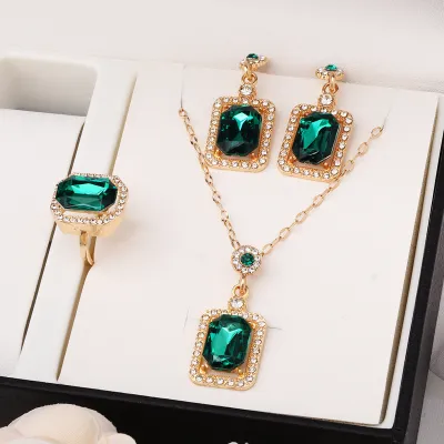 Fashion Elegant Square Rhinestone Necklace Earrings Ring Jewelry Three-Piece Set
