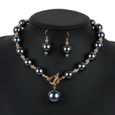 Women Fashion Simple Imitation Pearl Necklace Earrings Set French Retro Geometric Snake Chain