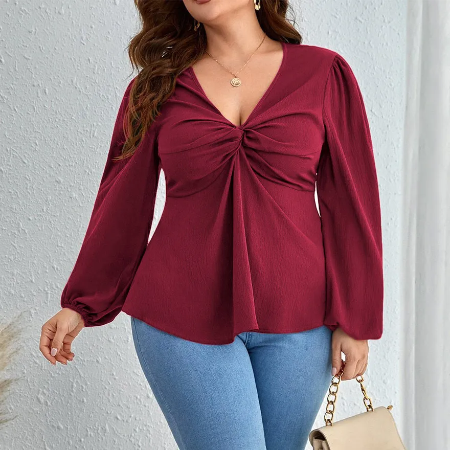 Women Fashion Casual Plus Size Solid Color V-Neck Long-Sleeve Pleated T-Shirt