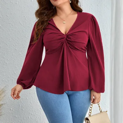 Women Fashion Casual Plus Size Solid Color V-Neck Long-Sleeve Pleated T-Shirt