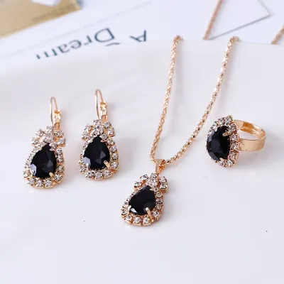 Fashion Water Drops Rhinestone Necklace Earrings Ring Set