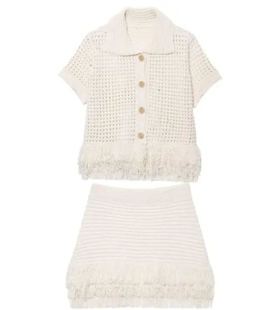 Women Fashion Casual Solid Color Knitted Hollow-Out Lapel Short-Sleeve Top Tassel Skirts Two-Piece Set