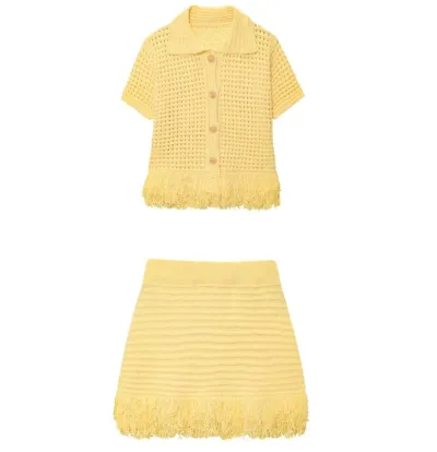 Women Fashion Casual Solid Color Knitted Hollow-Out Lapel Short-Sleeve Top Tassel Skirts Two-Piece Set