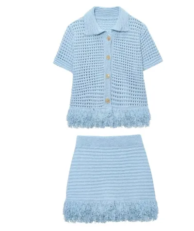 Women Fashion Casual Solid Color Knitted Hollow-Out Lapel Short-Sleeve Top Tassel Skirts Two-Piece Set