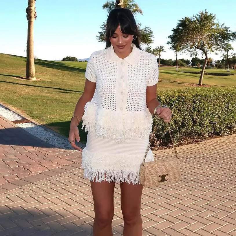 Women Fashion Casual Solid Color Knitted Hollow-Out Lapel Short-Sleeve Top Tassel Skirts Two-Piece Set