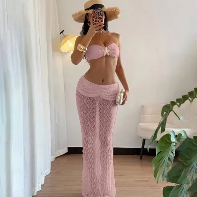 Women Fashion Sexy Vacation Solid Color Lace Tube Top Perspective Skirts Two-Piece Set
