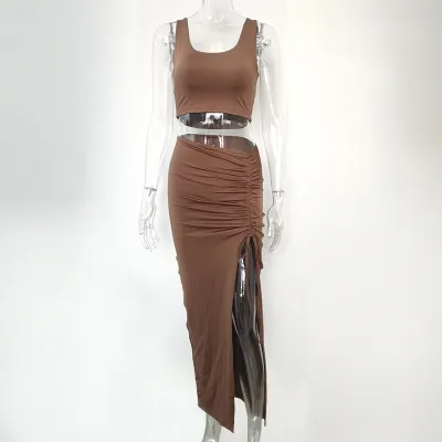 Women Fashion Sexy Solid Color Tank Top Slim-Fit Split Skirts Two-Piece Set