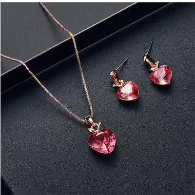 Fashion Rhinestone Heart-Shaped Necklace And Earrings Two-Piece Set