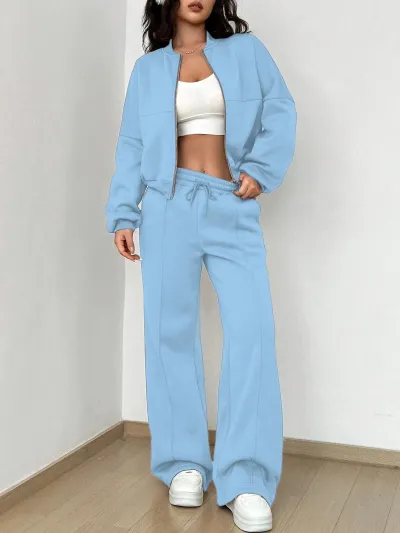 Women Fashion Athleisure Solid Color Zipper Long-Sleeve Jacket Loose Pants Set