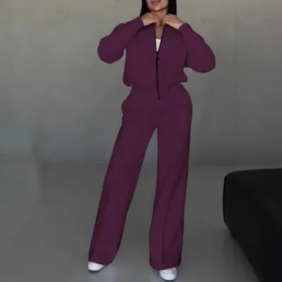 Women Fashion Athleisure Solid Color Zipper Long-Sleeve Jacket Loose Pants Set