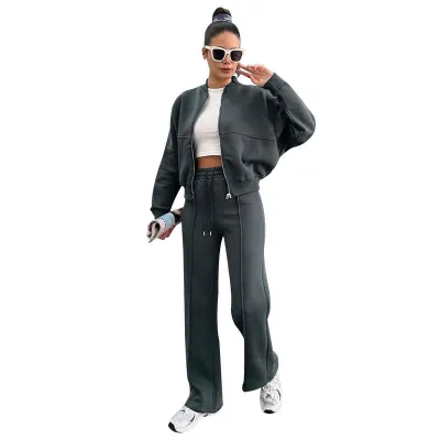 Women Fashion Athleisure Solid Color Zipper Long-Sleeve Jacket Loose Pants Set