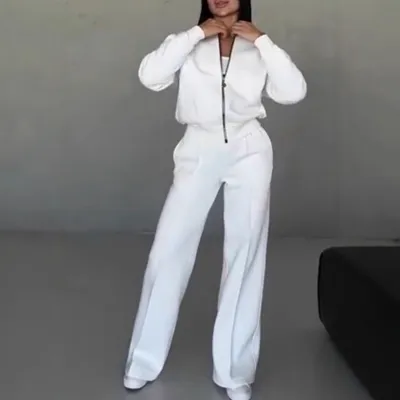 Women Fashion Athleisure Solid Color Zipper Long-Sleeve Jacket Loose Pants Set