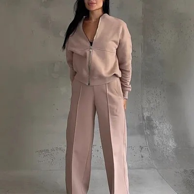 Women Fashion Athleisure Solid Color Zipper Long-Sleeve Jacket Loose Pants Set