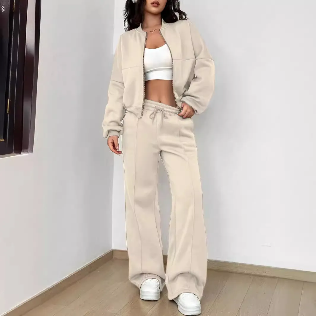 Women Fashion Athleisure Solid Color Zipper Long-Sleeve Jacket Loose Pants Set