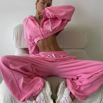 Conjunto de dos piezas de sudadera con capucha y pantalones holgados de manga larga con cremallera de color liso para mujer, moda informal de otoño e invierno