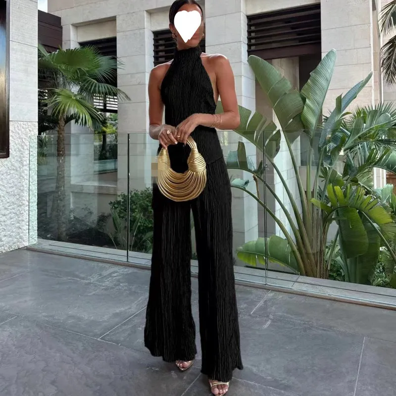 Women Fashion Sexy Solid Color Asymmetric Halter-Neck Backless Tank Top Pleated Pants Two-Piece Set