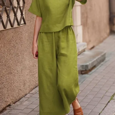 Women Casual Solid Color Short Sleeve T-Shirt Loose Pants Two-Piece Set